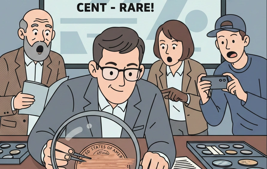 A man examining a double die penny under a magnifying glass at a coin auction table, surrounded by collectors reacting with surprise