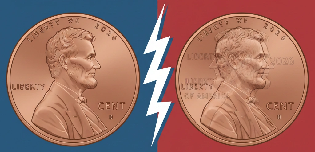 Split-screen illustration: normal penny vs double die penny