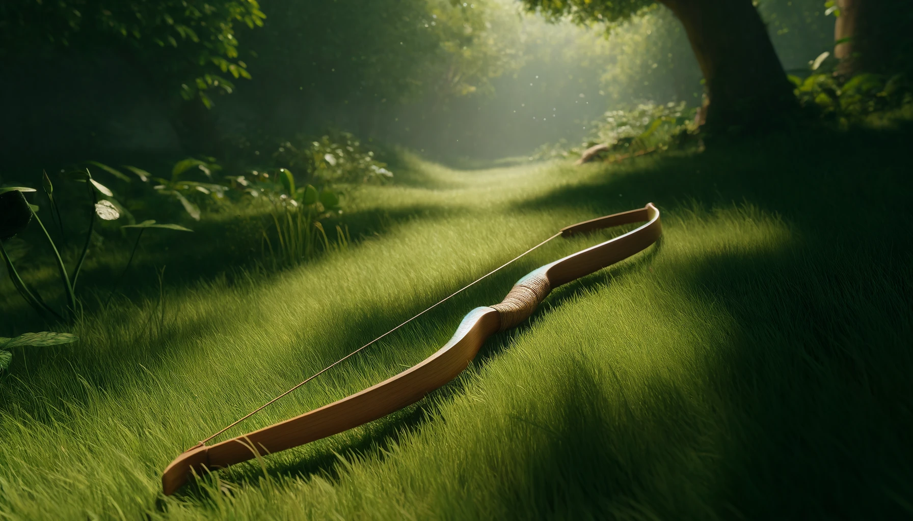 a simple Indian longbow, lying horizontally on lush green grass under a canopy of trees.