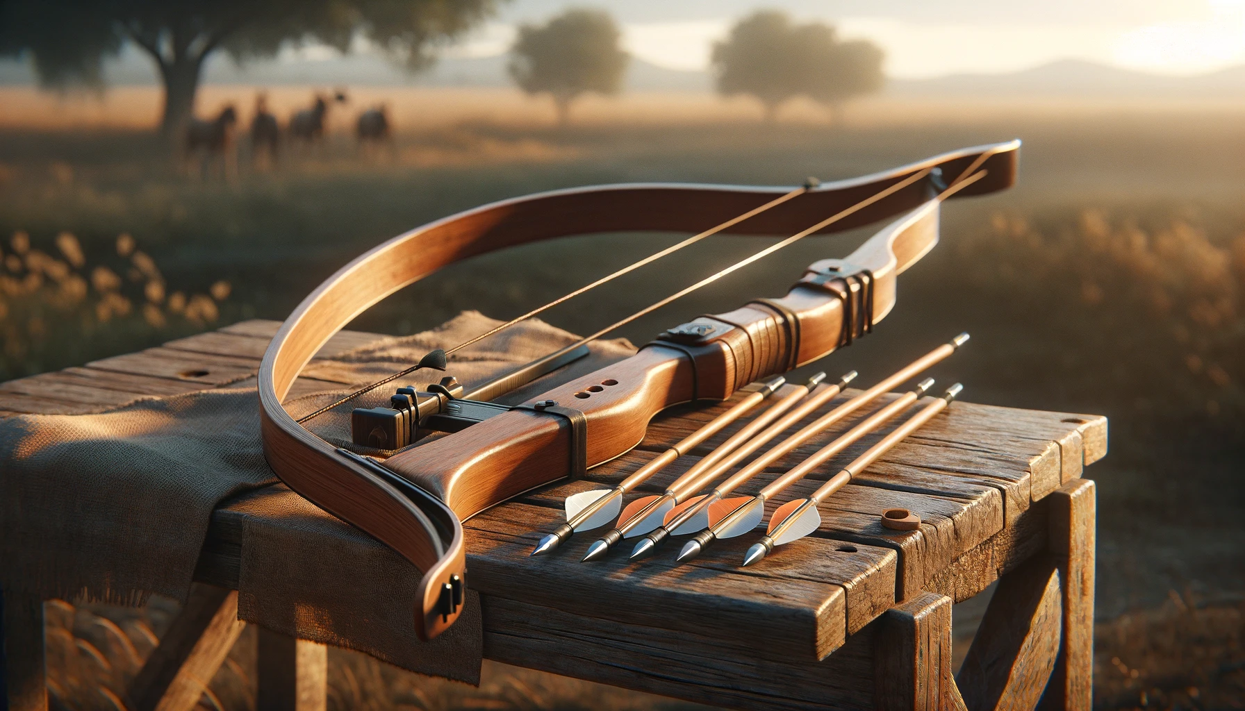 a simple wooden bow and a set of feather-fletched arrows arranged on a rustic wooden bench, set in an outdoor environment under the soft glow of early morning light.