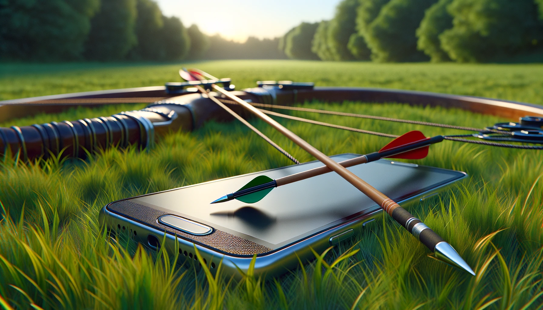 a vibrant archery field with a large traditional Indian bow and a prominently larger arrow lying next to a smartphone.