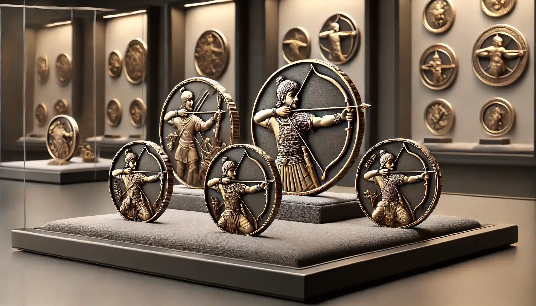 A museum display featuring the rarest ancient Indian coins with archer depictions.