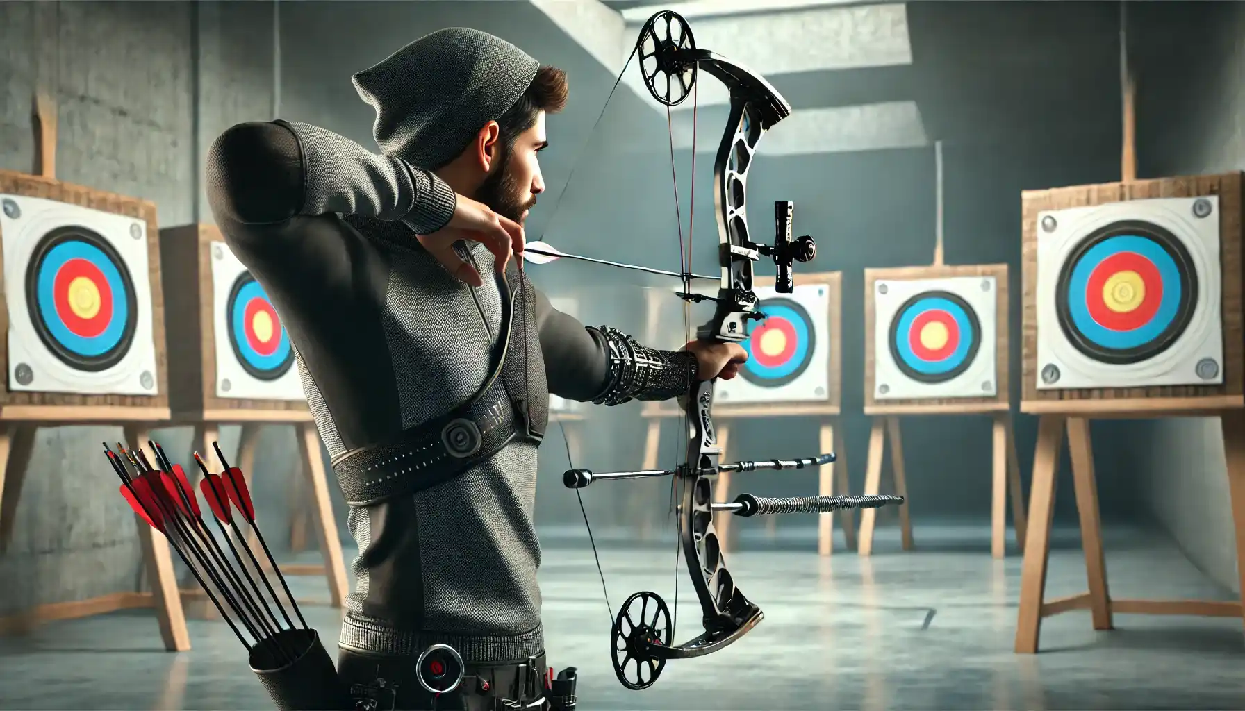 a modern Indian archer, dressed in contemporary archery gear, taking aim with a sleek compound bow.