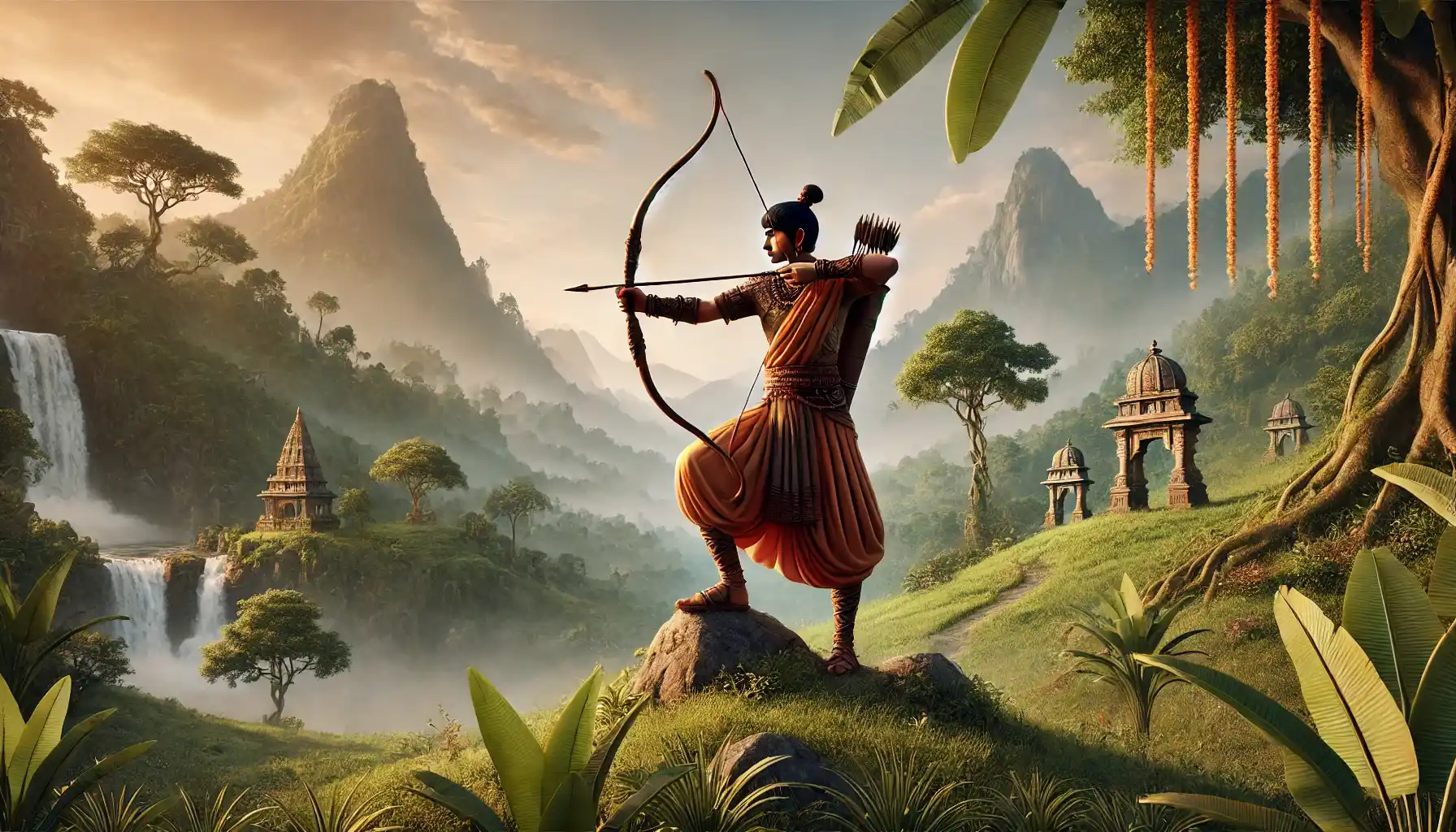 a traditional Indian archer in a beautiful landscape inspired by mythology.