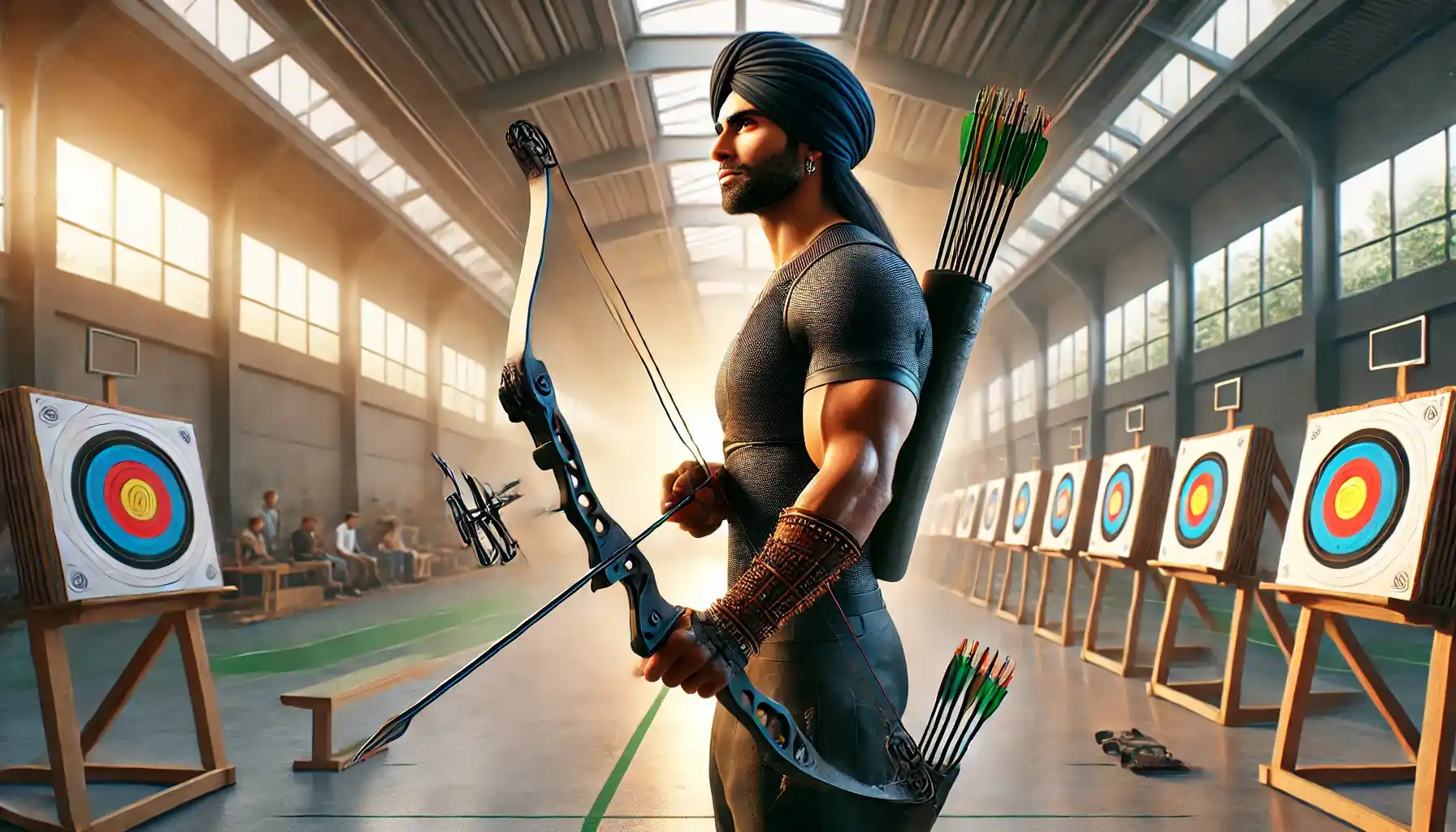a modern Indian archer practicing in an advanced training facility.