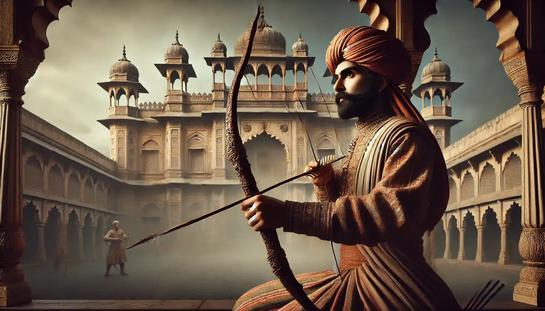 a traditional Indian archery scene in a historic setting