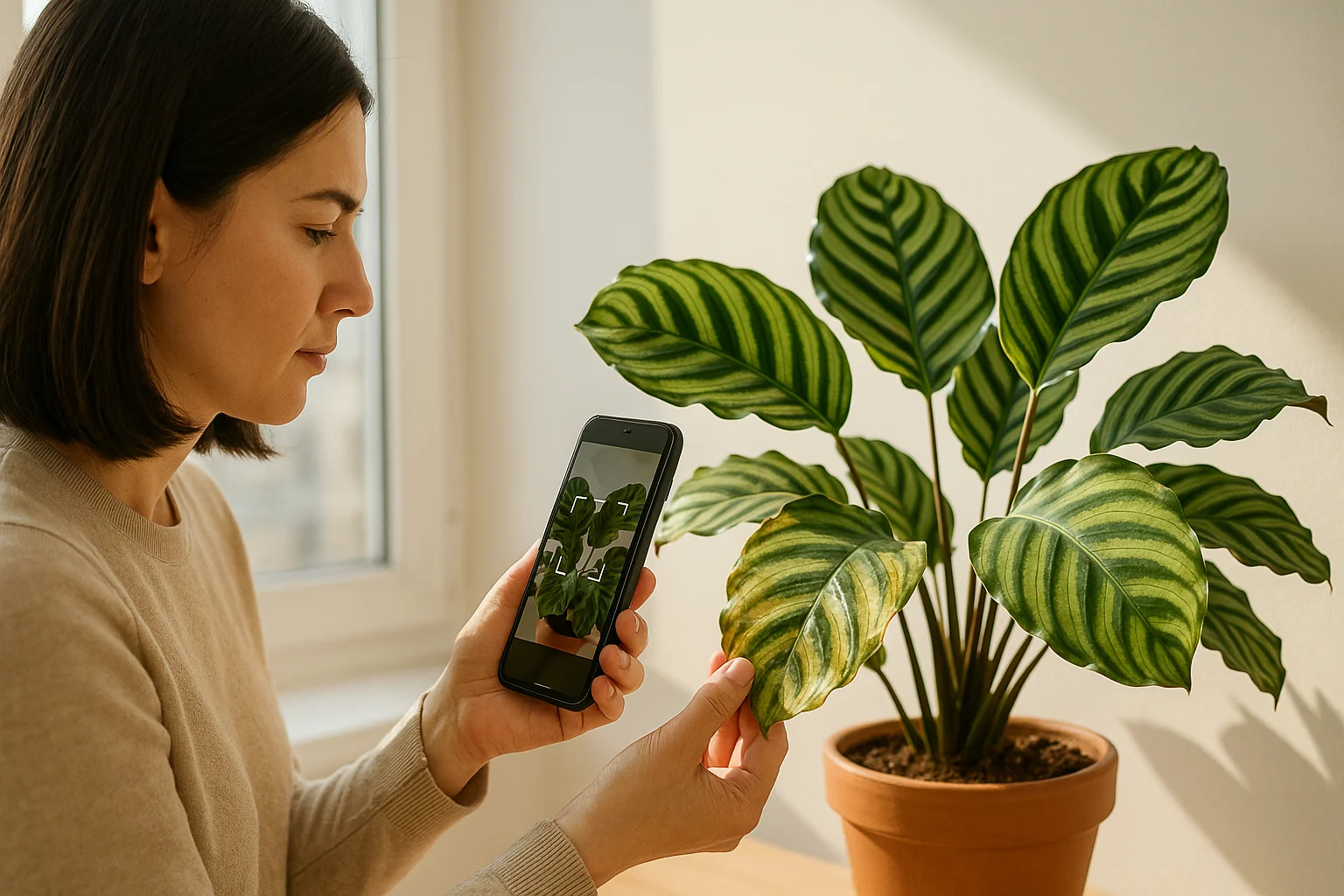 Woman holding a Calathea leaf with visible yellowing while photographing it with her smartphone, as the healthy green-striped plant sits in a terracotta pot by a sunlit window.