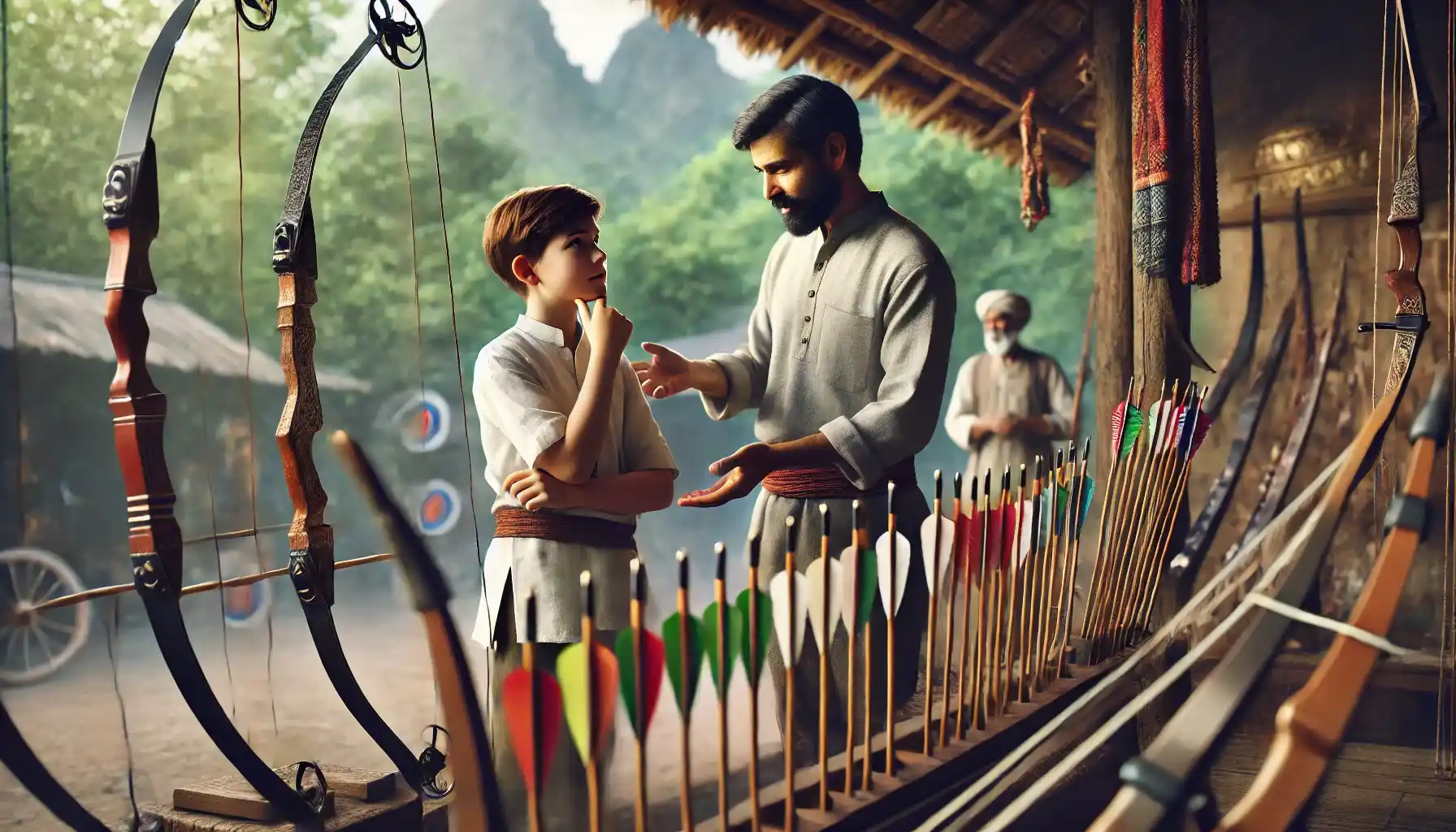 A young archery student is carefully selecting his first Indian bow from a wide variety displayed on racks in an outdoor archery shop.
