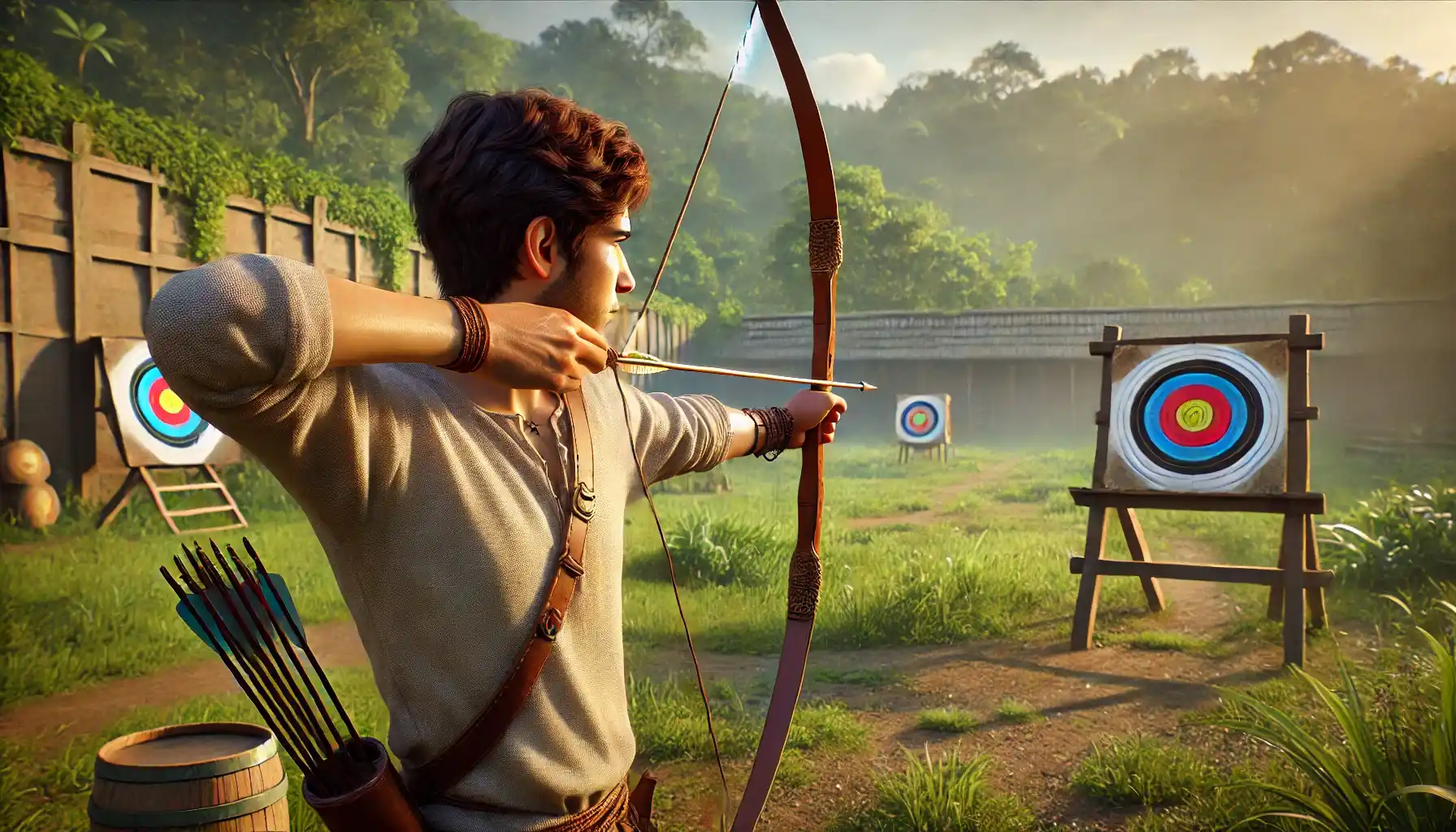 A young archer is practicing with a newly chosen Indian recurve bow in a peaceful outdoor setting. 